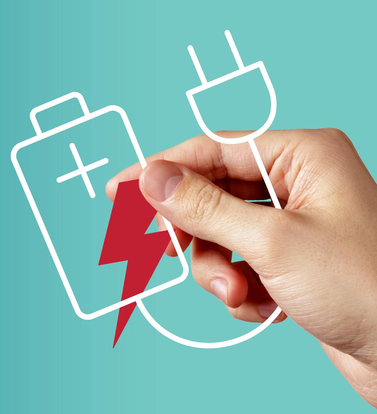 hand holding a graphic of a red lightning bolt icon and a battery attached to a cord and plug