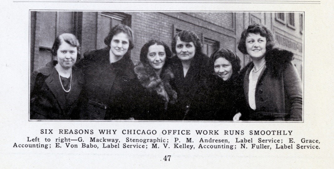 Chicago employees ca. 1921. Elizabeth Grace, third from the left, went on to become Underwriters Laboratories’ first female assistant treasurer.