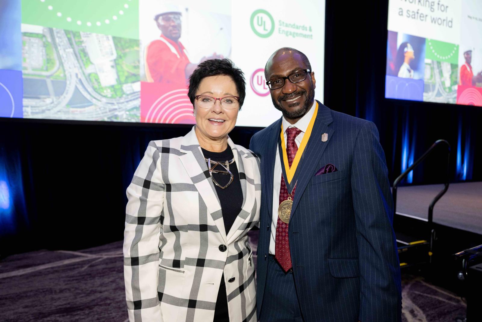 Dr. Lori Moore-Merrell (left), the U.S. Fire Administrator, gave the closing keynote presentation. She is pictured with Dwayne Sloan, director, principal engineering in UL Solution's Built Environment and chair of the fire council. 