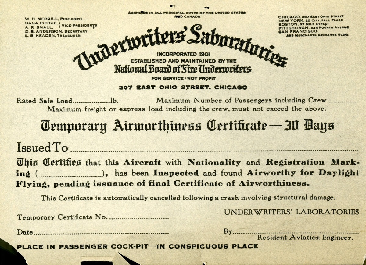 A temporary airworthiness certificate, valid for 30 days | UL Archives
