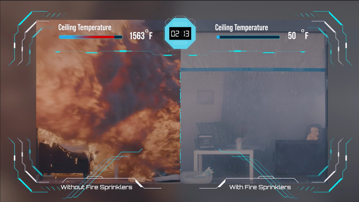 A side-by-side burn demonstration that shows how effective sprinklers are at keeping fires from spreading
