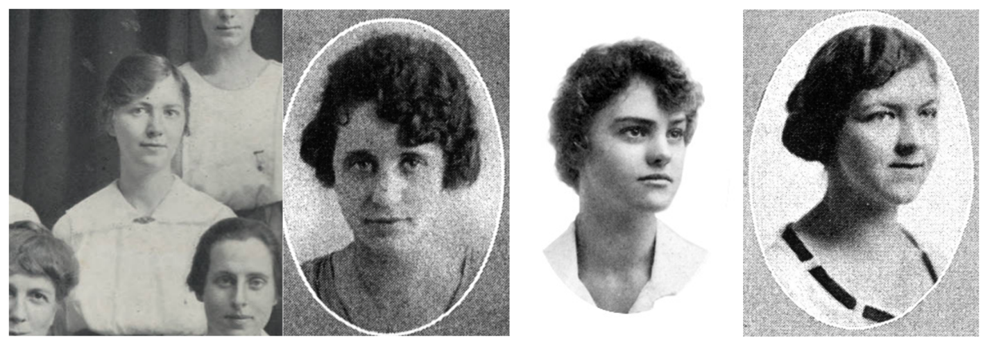 Underwriters Laboratories’ first female chemists. From left to right: Ruth Custer, Genevieve Davidson, Louise Logie, and Helen Sellmer. Photos courtesy of Archives and Special Collections — Purdue University Libraries, the University of Illinois Archives, and Northwestern University Archives. 