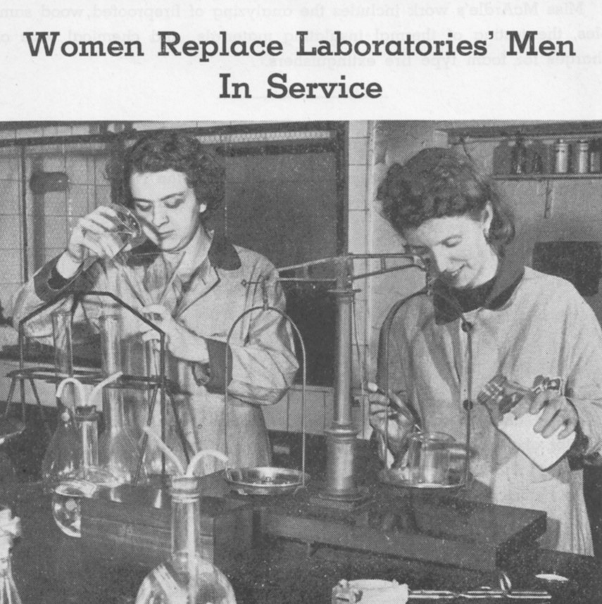 During World War II, Underwriters Laboratories hired female engineering assistants and allowed female clerical staff to work in the labs. In this photo, Joyce McArdle and Marie Lynch analyze synthetic and rubber compounds for use in fire hose linings and study fireproof wood samples.