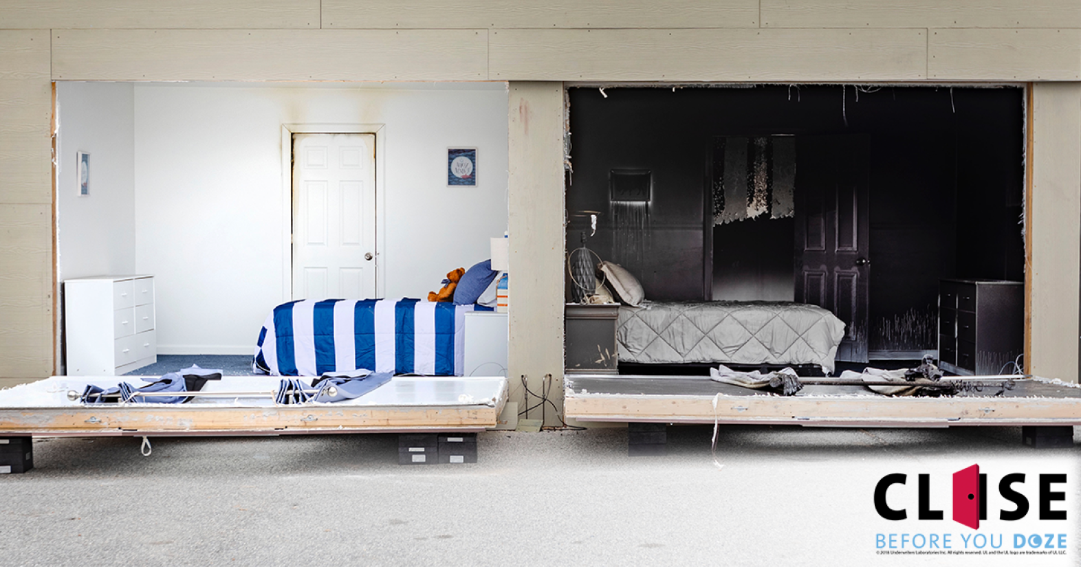 comparison between a bedroom that had an open door during a fire and one that had a closed door.
