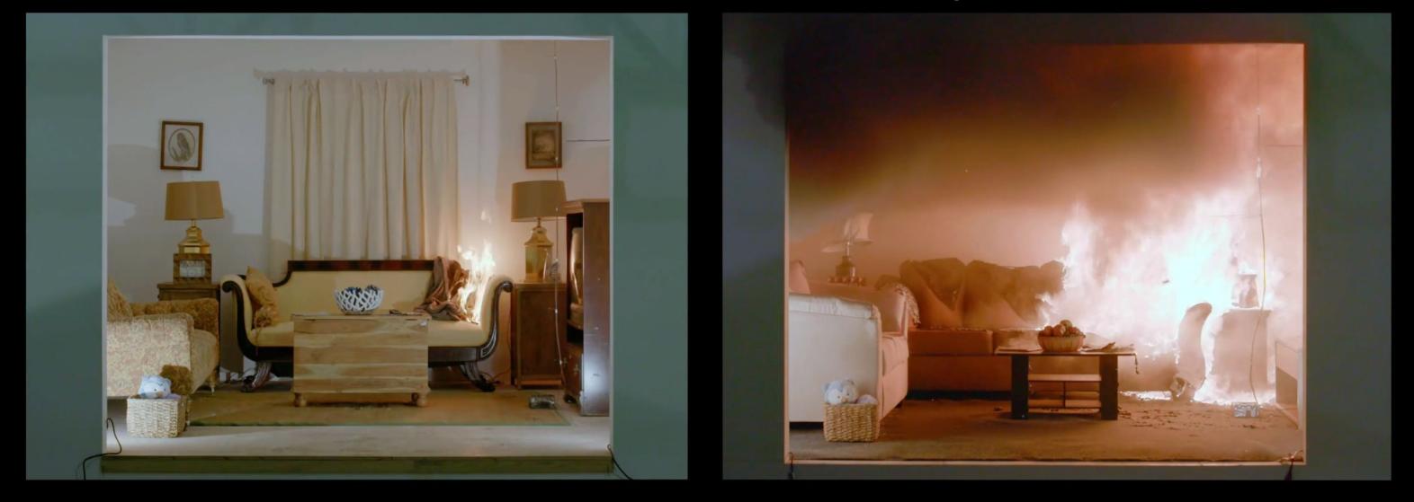 Two living rooms side by side with the one on the left containing furniture of natural material and the one on the right containing furniture made of synthetic materials. The living room on the right is also on fire. 