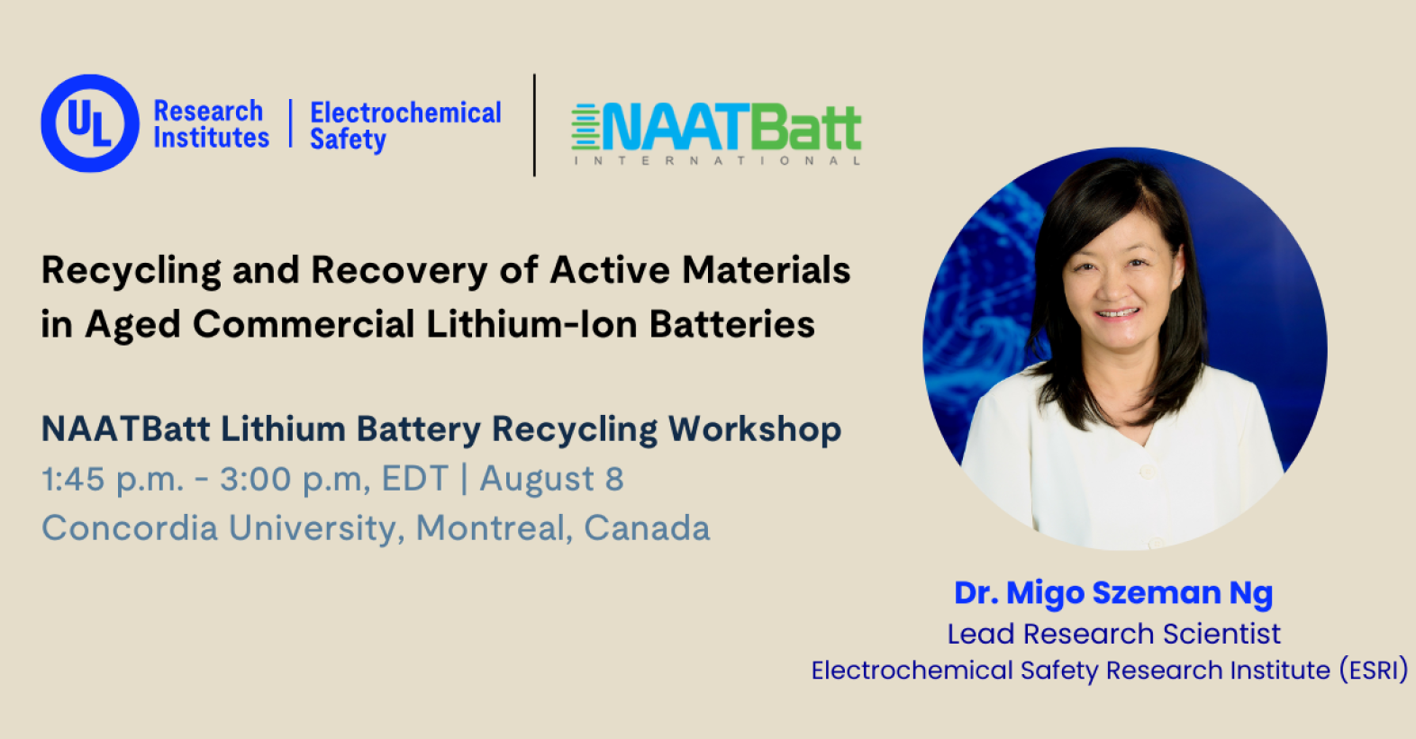 Migo Szeman Ng will speak at  NAATBatt Workshop on Lithium Battery Recycling 2024