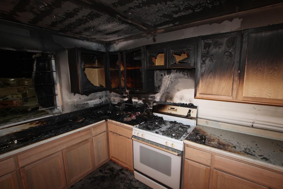 An image taken following a “closed” kitchen fire test in the ranch structure.