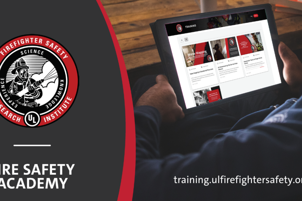 UL FSRI Fire Safety Academy on an iPad being held by a firefighter