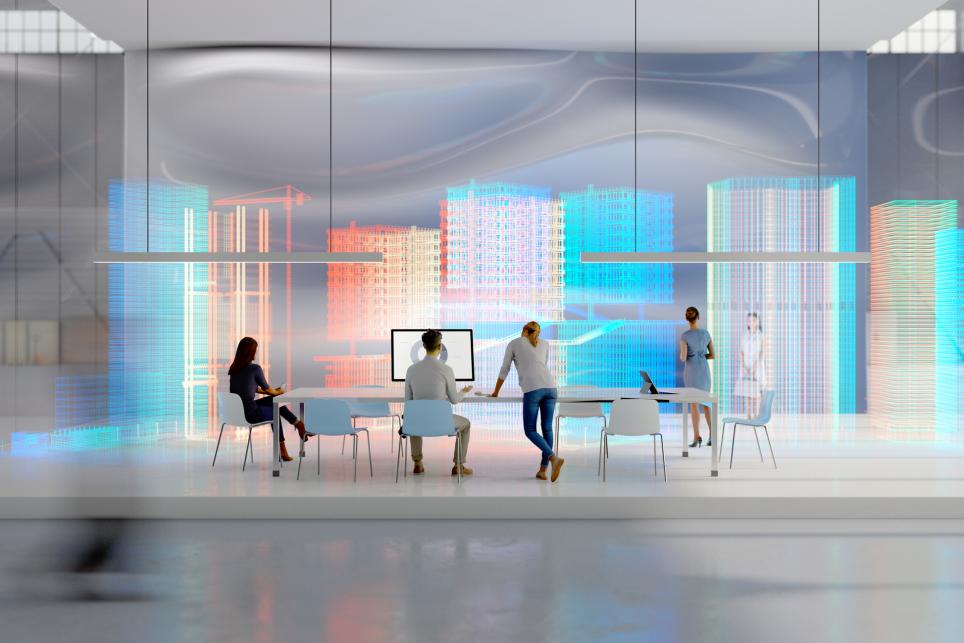 People seated around a conference table in a futuristic office setting