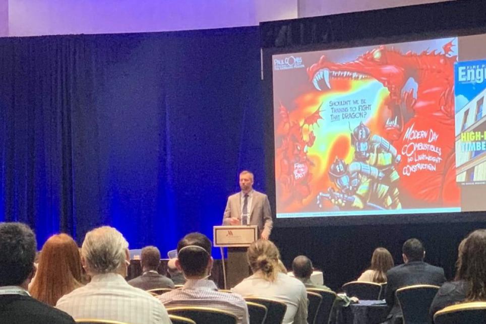 Steve Kerber delivers the keynote speech at the 2021 Society of Fire Protection Engineers Conference in Baltimore.