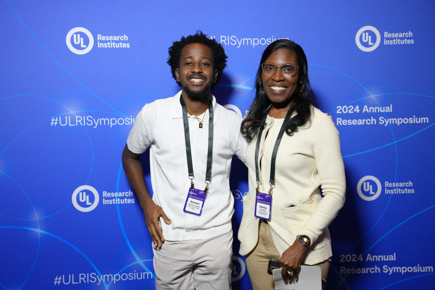 ULRI-ULSE intern Godrein Owusu-Ayeyi and his mentor, ULSE's director of data science and standards engineer Denice Durrant, at the 2024 UL Research Institutes Annual Research Symposium.