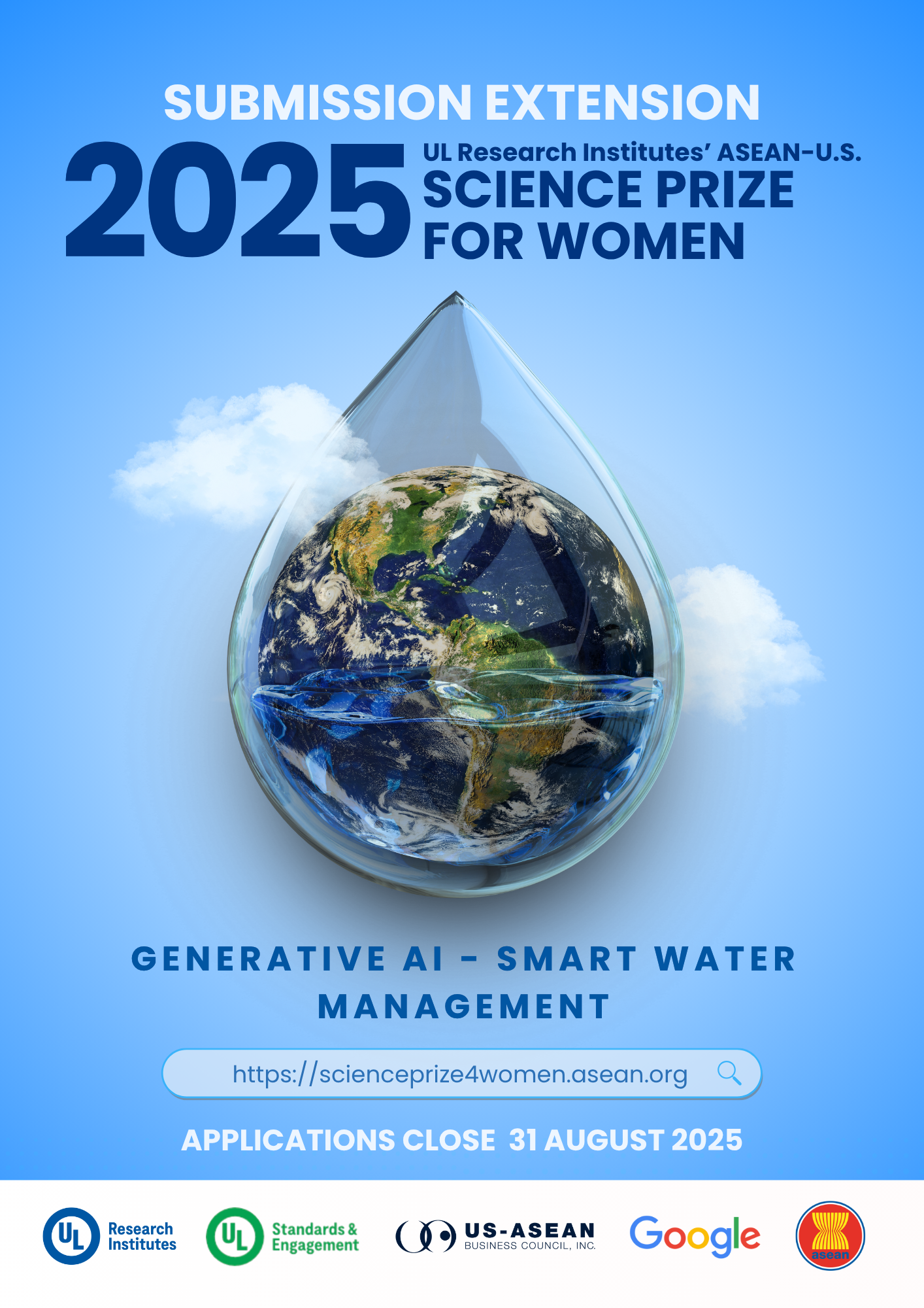 Image of poster for 2025 UL Research Institutes-ASEAN-US Science Prize for Women in partnership between UL Research Institutes, UL Standards & Engagement, the US-ASEAN Business Council, and the Association of Southeast Asian Nations, with the support of Google.