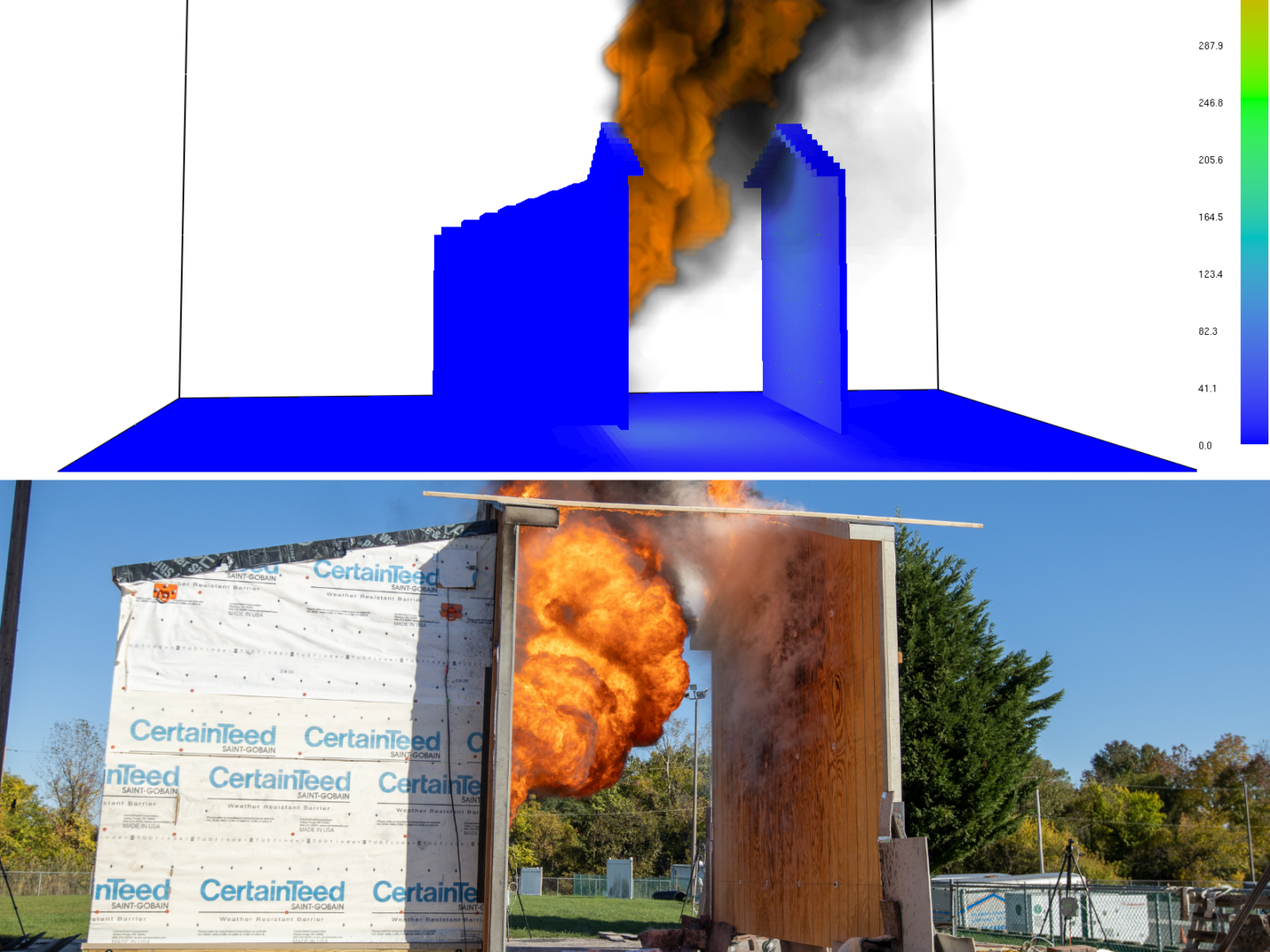 Comparative image of modeling a structure-to-structure fire spread.