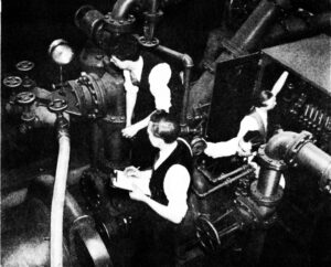 Armour students running efficiency test on 1000-gallon centrifugal fire pump at Underwriters Laboratories. UL Archives.