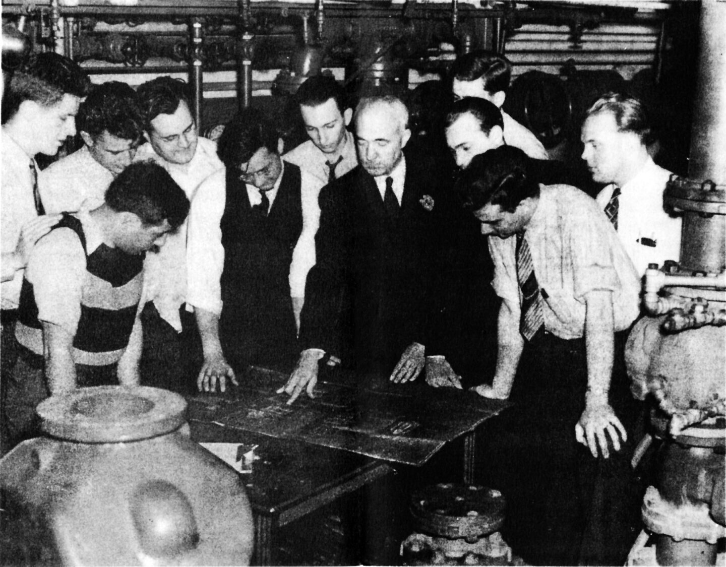 Armour students at in the hydraulic lab with O.L. Robinson at Underwriters Laboratories. UL Archives.